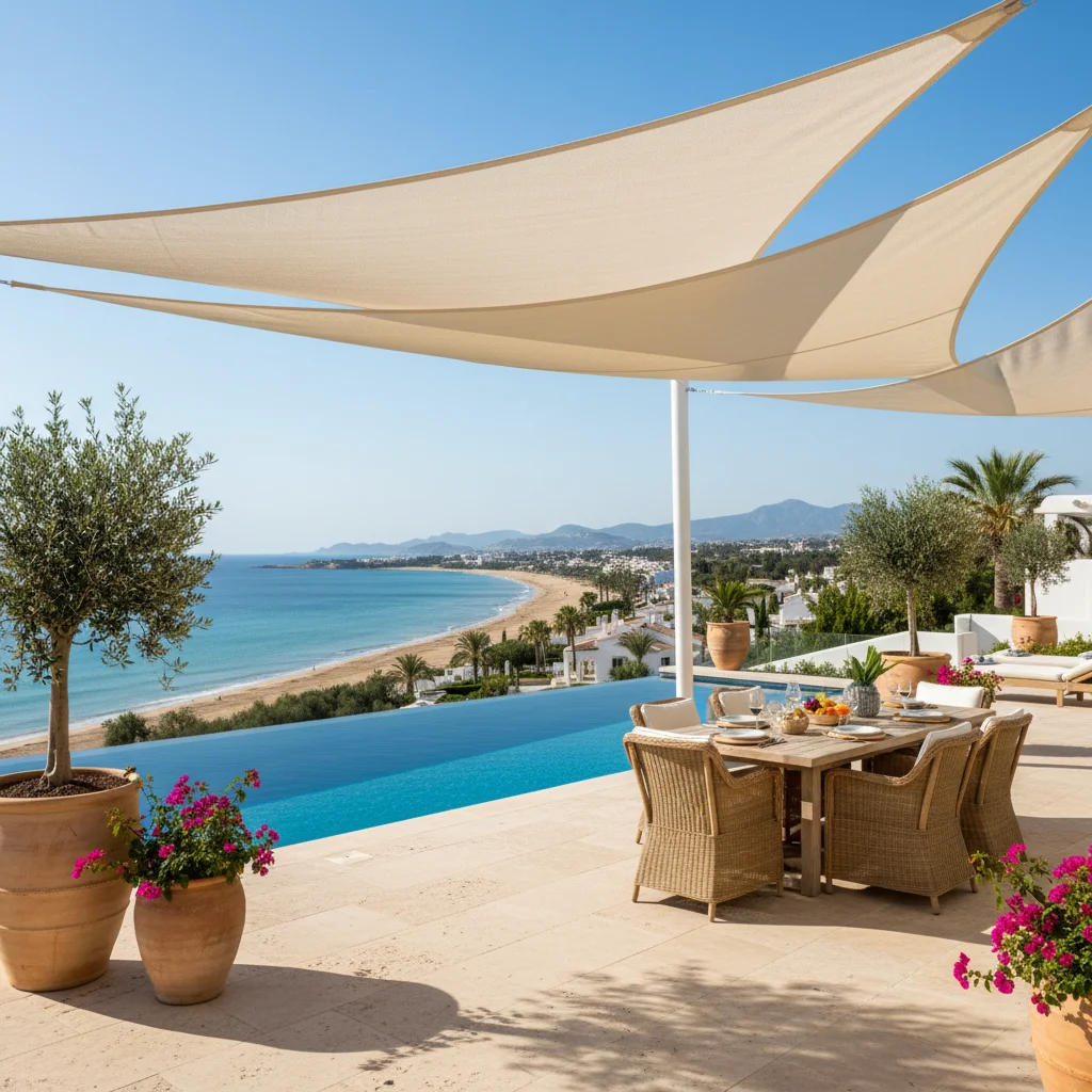 Shade Sails setup on a Mediterranean terrace in San Juan de Alicante, Costa Blanca