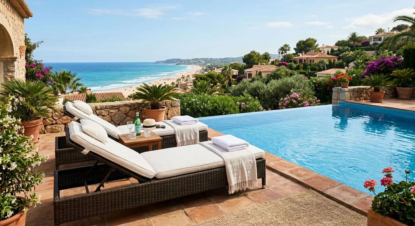 Ligbedden opstelling op een mediterraan terras in San Juan de Alicante, Costa Blanca