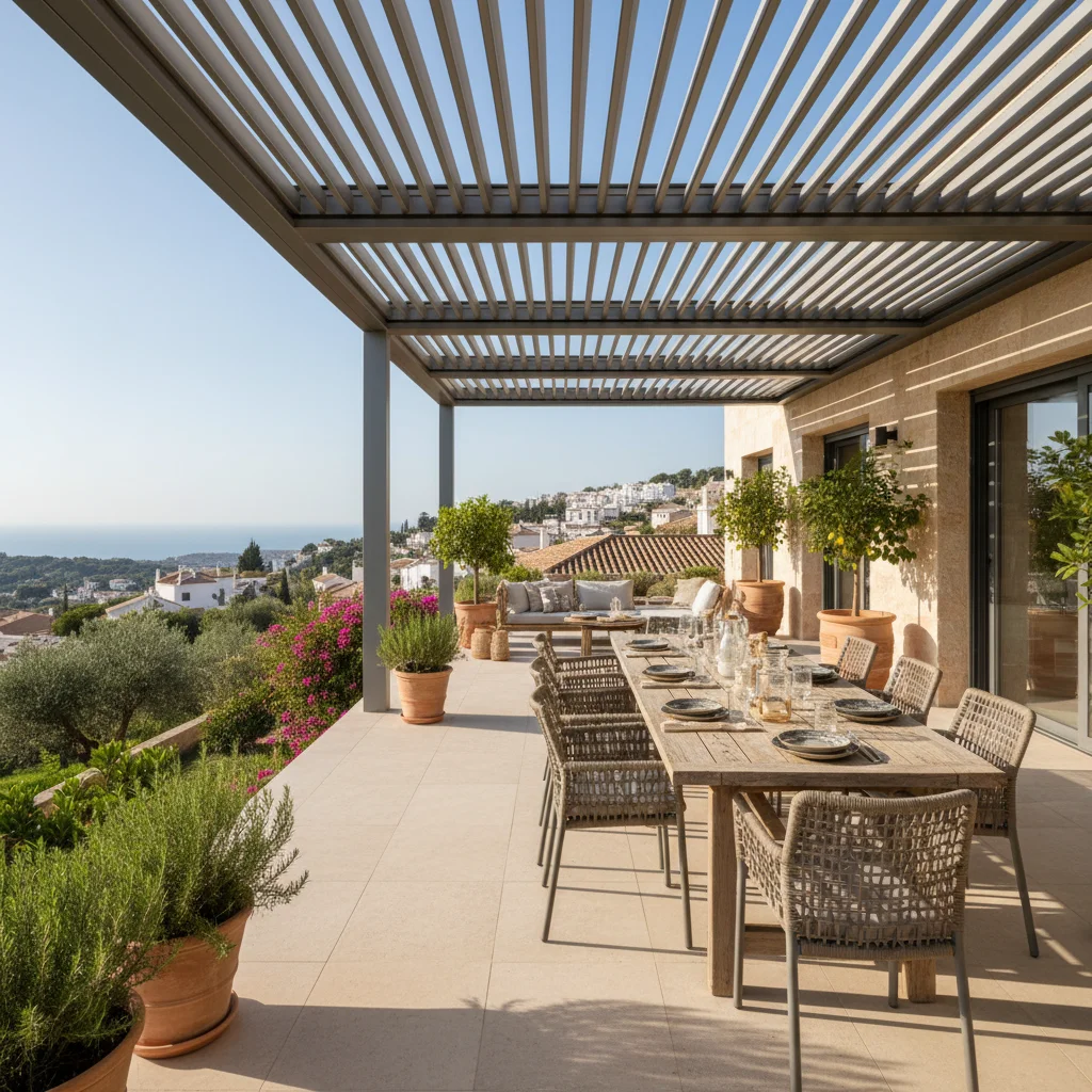 Bioclimatic Pergolas setup on a Mediterranean terrace in San Miguel de Salinas, Costa Blanca