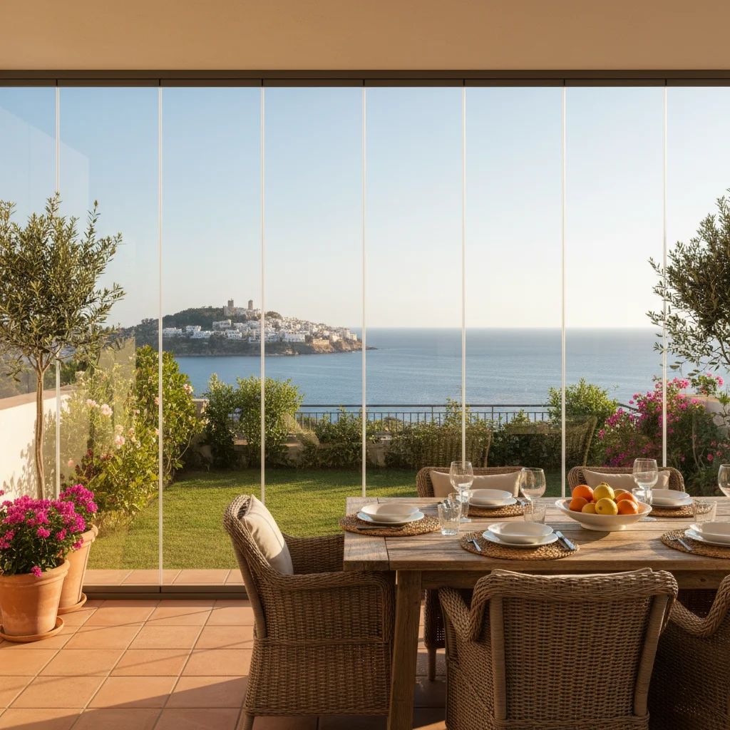 Installation de rideaux de verre sur une terrasse méditerranéenne à San Miguel de Salinas, Costa Blanca