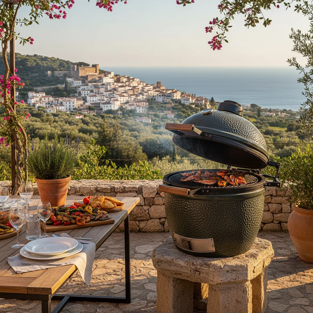 Kamado BBQs setup on a Mediterranean terrace in San Miguel de Salinas, Costa Blanca