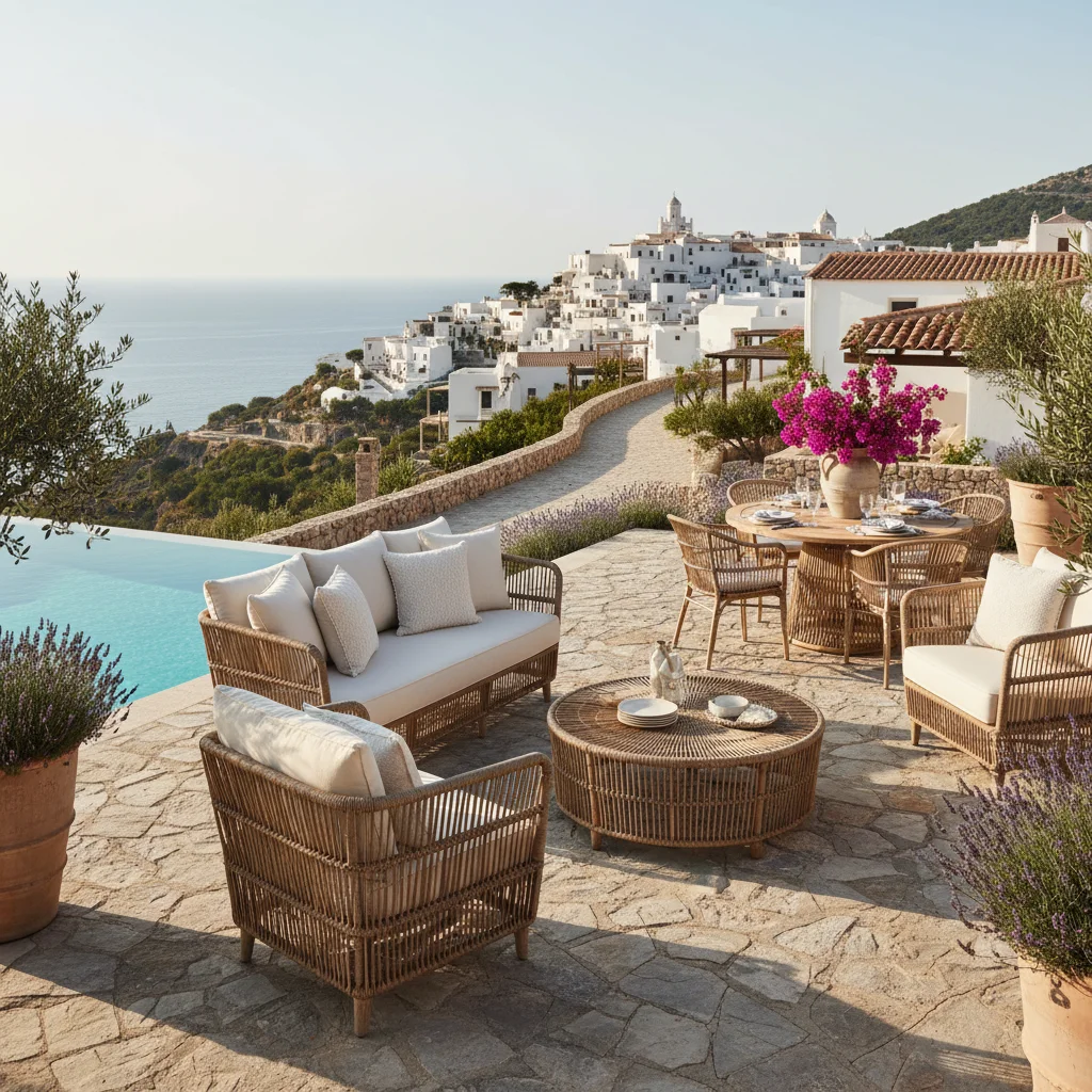 Installation de salons de jardin en rotin sur une terrasse méditerranéenne à San Miguel de Salinas, Costa Blanca