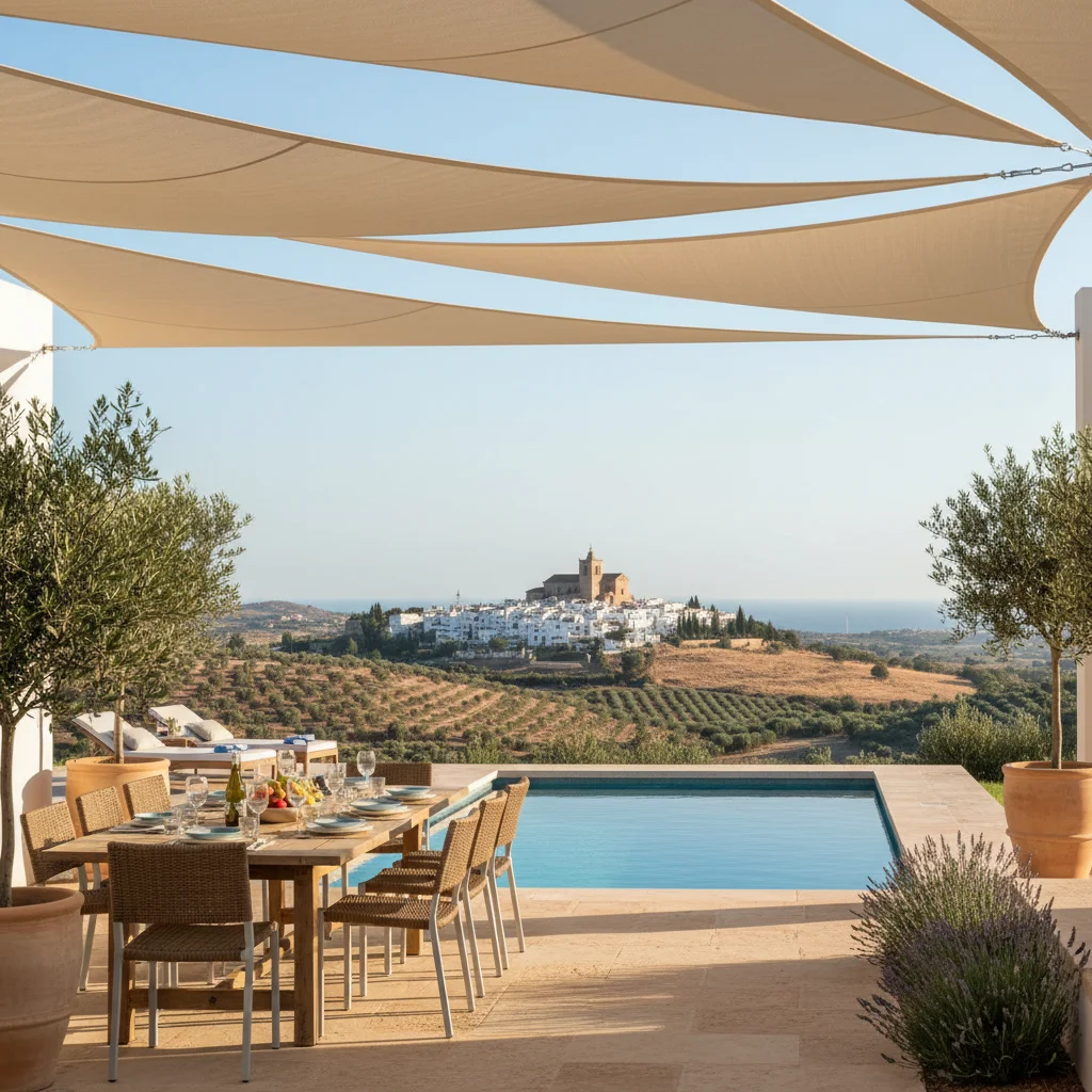 Installation de voiles d'ombrage sur une terrasse méditerranéenne à San Miguel de Salinas, Costa Blanca