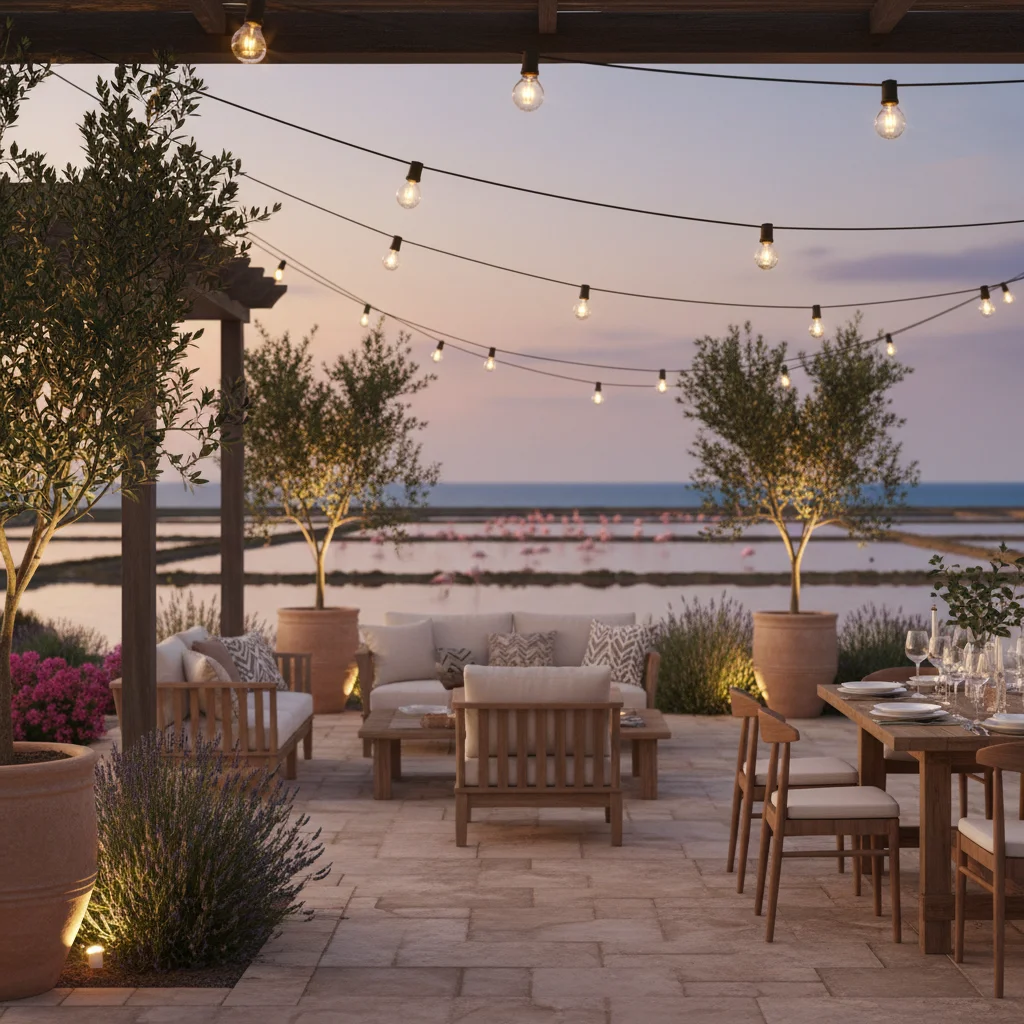Utomhusbelysning uppsättning på en medelhavsterrass i Santa Pola, Costa Blanca