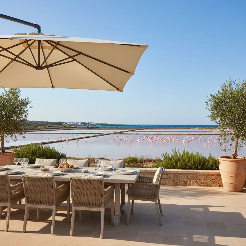 Parasols opstelling op een mediterraan terras in Santa Pola, Costa Blanca