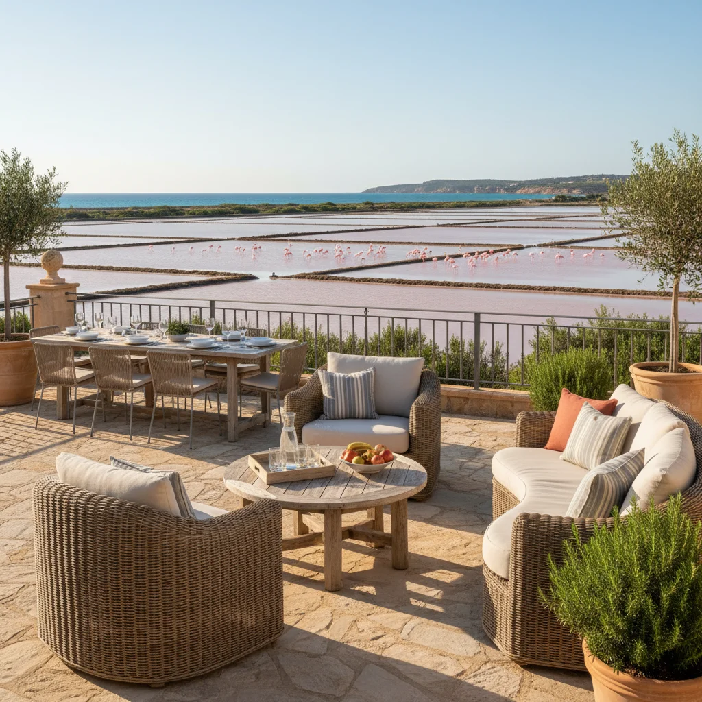 Installation de salons de jardin en rotin sur une terrasse méditerranéenne à Santa Pola, Costa Blanca