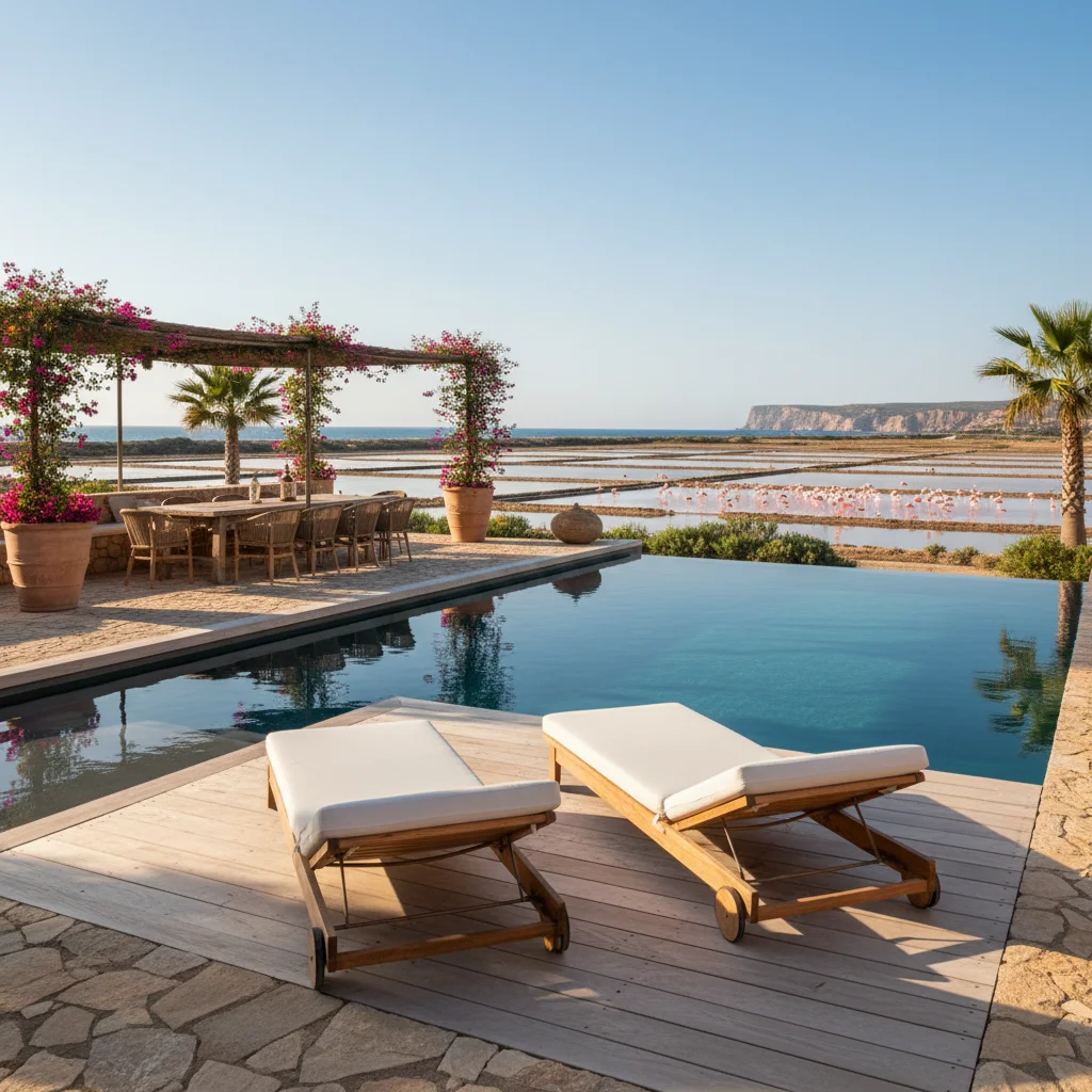 Ligbedden opstelling op een mediterraan terras in Santa Pola, Costa Blanca