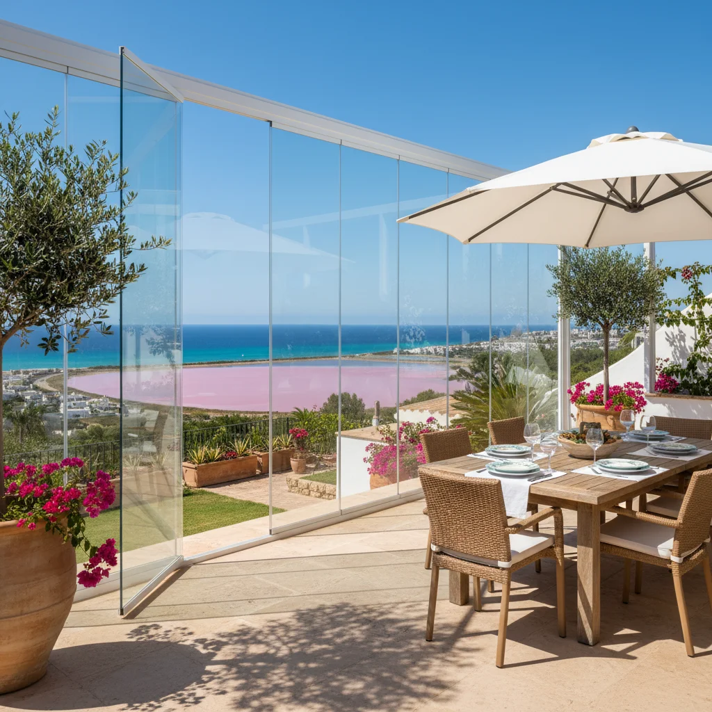 Installation de rideaux de verre sur une terrasse méditerranéenne à Torrevieja, Costa Blanca