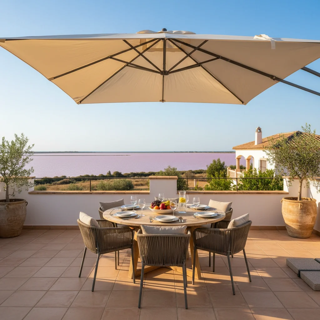 Parasols & Shade Sails setup on a Mediterranean terrace in Torrevieja, Costa Blanca