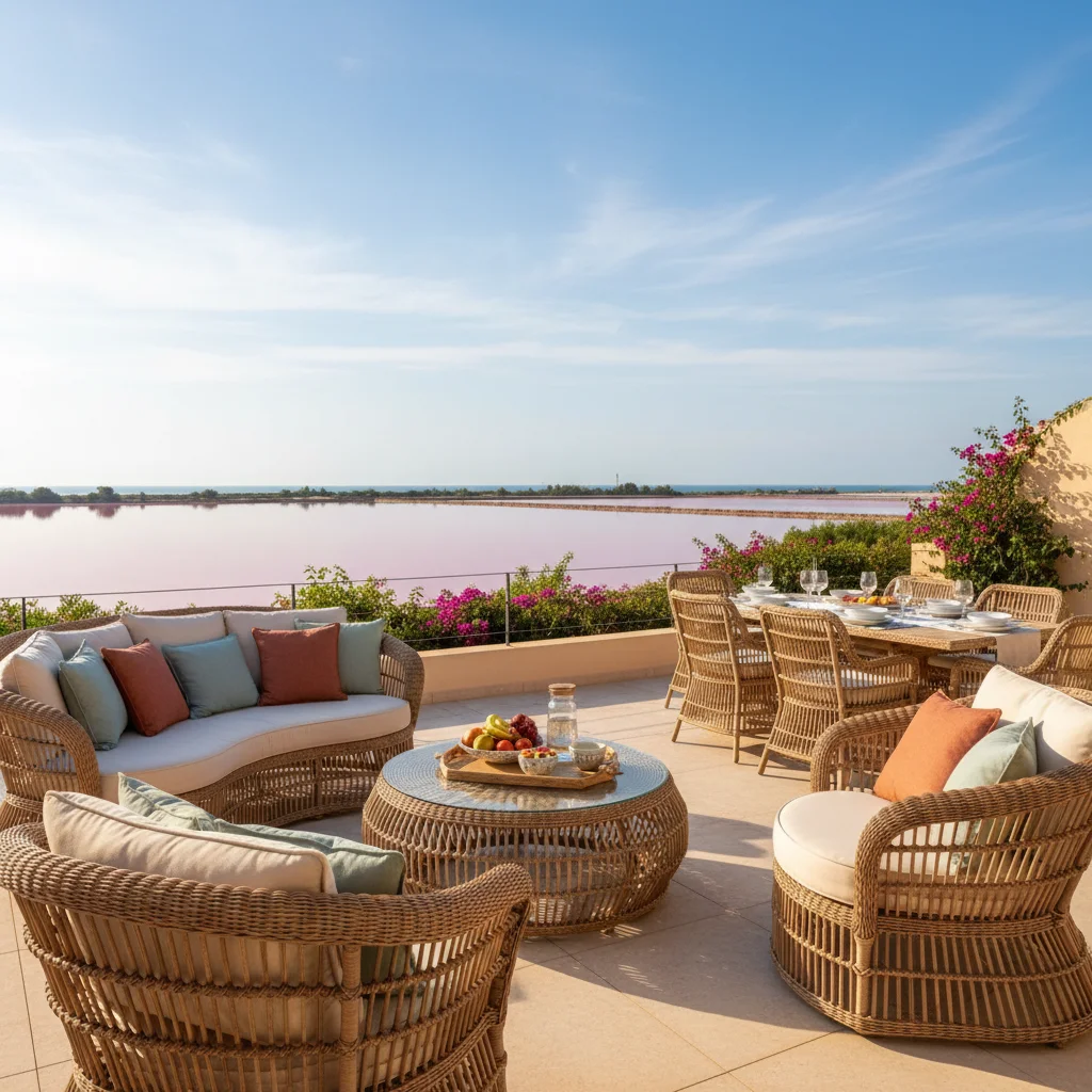 Installation de salons de jardin en rotin sur une terrasse méditerranéenne à Torrevieja, Costa Blanca