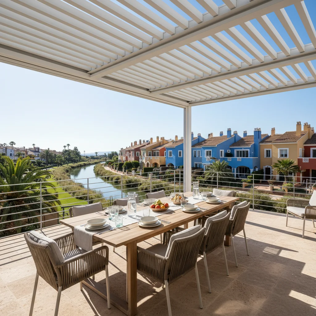 Bioclimatic Pergolas setup on a Mediterranean terrace in Villajoyosa, Costa Blanca