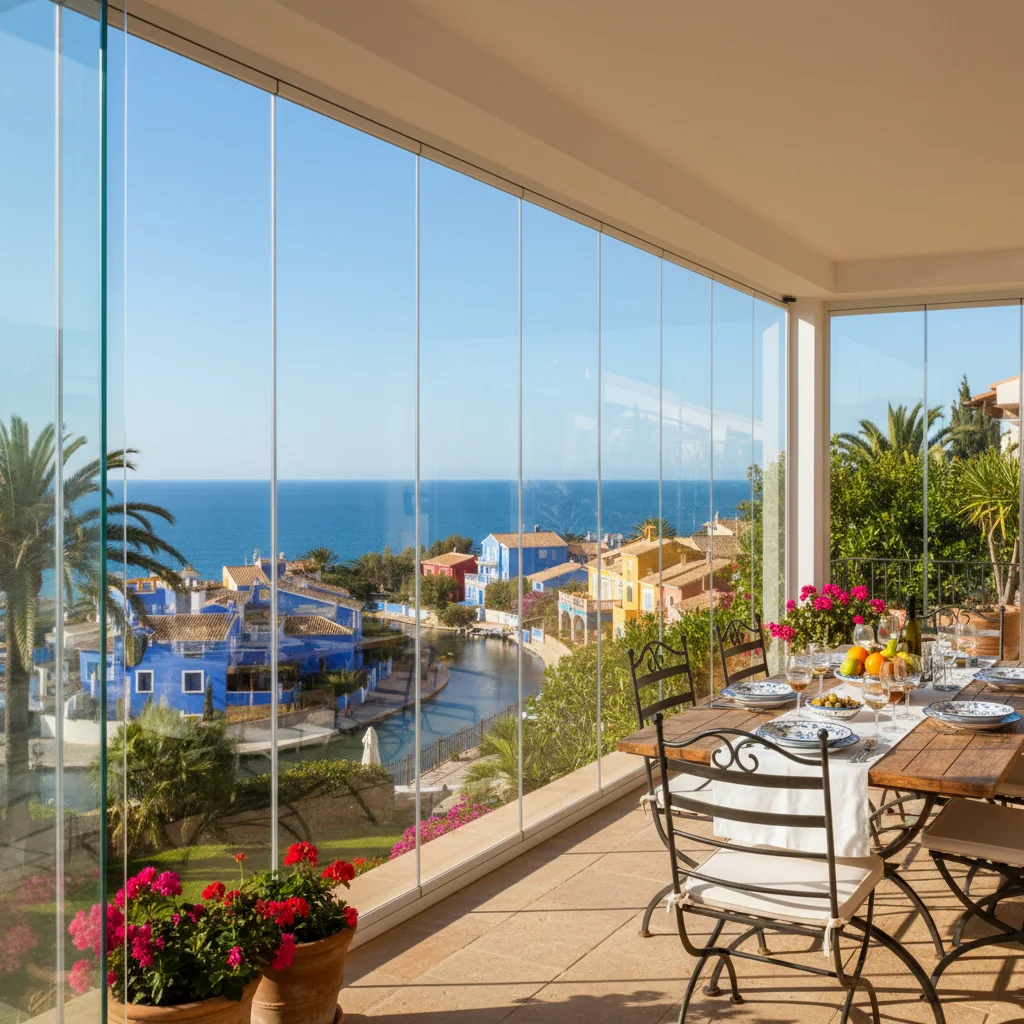 Installation de rideaux de verre sur une terrasse méditerranéenne à Villajoyosa, Costa Blanca