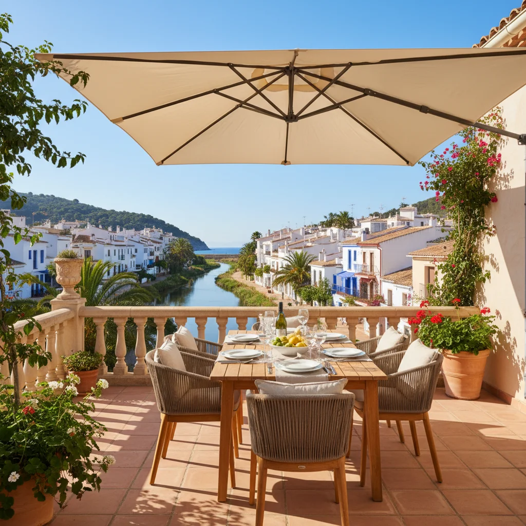 Parasoller uppsättning på en medelhavsterrass i Villajoyosa, Costa Blanca