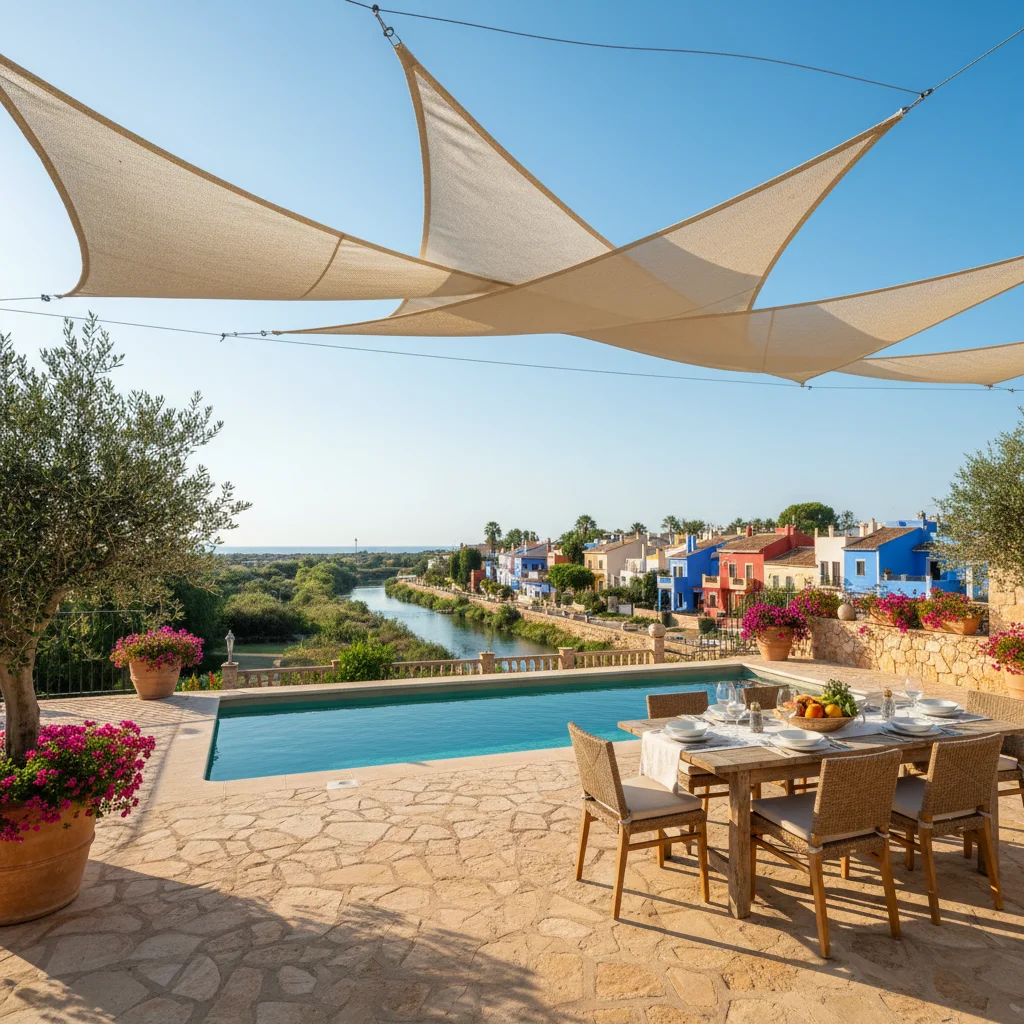 Installation de voiles d'ombrage sur une terrasse méditerranéenne à Villajoyosa, Costa Blanca