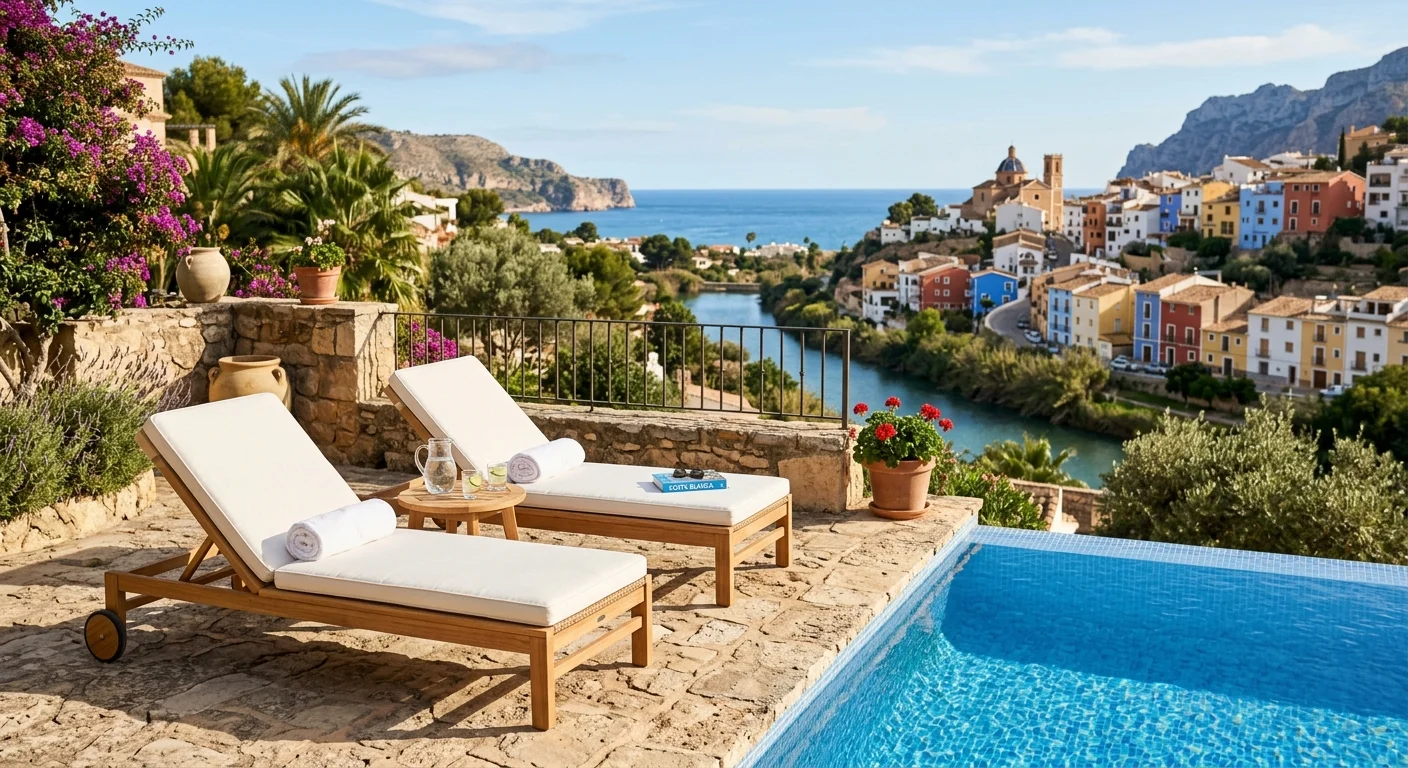 Ligbedden opstelling op een mediterraan terras in Villajoyosa, Costa Blanca